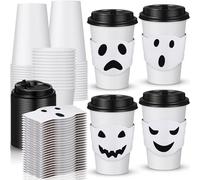MotiMind 48 Pack 12 oz Halloween Disposable Coffee Cups with Lids and Sleeves Hot Cold Beverage Coffee Juice Drinking Cups for Halloween Day of the Dead Party Decoration (White,Ghost Design)