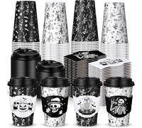 MotiMind 48 Set Halloween Disposable Coffee Cups with Lids & Sleeves 12 oz Halloween Paper Cup Bulk for Holiday Day of the Dead Hot Cold Drinking Party Supplies Decorations (Black and White,Skeleton)