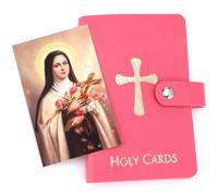 MotiMind Holy Card Holder with Saint Therese Prayer Card Pink Soft Leather Prayer Cards Holder 20 Sleeves Portable Catholic Organizer for Church Religious Worship Women Girls Gift