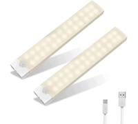 Motion Sensor Lights Indoor 2 Pack, Rechargeable Wireless Under Cabinet Light 26 LED Closet Lights Upgrade Adjustable Brightness/Memory Mode Night Lights for Wardrobe, Stairs Kitchen 20CM Warm White