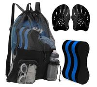 Motionchic 4 Pcs Swim Training Pull Buoy Hand Paddles Set Include 1 Big Mesh Backpack 1 Buoy 2 Hand Paddles with Adjustable Straps Swim Training Equipment Kit for Adults (Black and Blue)