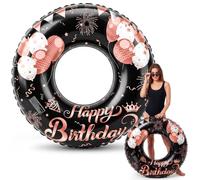 Motionchic Happy Birthday Pool Float Adult Inflatable Swim Ring, Black Pink