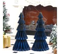 Motipuns 2 Pcs Blue 20'' Christmas Tree Honeycomb Centerpiece 3D Glitter Edge Paper Honeycomb Tree Rustic Reusable Decor for Home Decorations Holiday Fireplace Desktop Floor