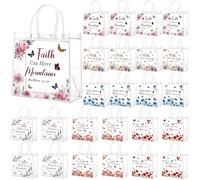 Motipuns 24 Pcs Christian Clear Gift Bags with Handle Bible Verse Party Favor Transparent Plastic Flower Goodie Candy Treat Tote PVC Bags for Church Religious Baptism Themed Party Supplies