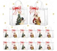 Motipuns 24 Pcs Christmas Clear PVC Gift Bags with Handles and Ribbon African American Black Santa Claus Party Favor Reusable Plastic Candy Treat Tote Bags for Merry New year Xmas Birthday Supplies