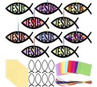 Motipuns 32 Sets Religious Fish Suncatchers Craft Kits DIY Christian Faith Jesus Fish Tissue Paper Crafts Stained Glass Effect Tissue Paper Kit for Church Sunday School VBS Window Art