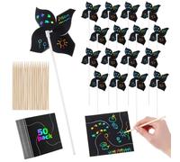 Motipuns 50 Pack Scratch Pinwheels for Kids DIY Scratch Paper Pinwheels Bulk Summer Craft Kits Rainbow Paper Windmill for Spring Girl Boy School Students Classroom Group Art Activity Birthday Party