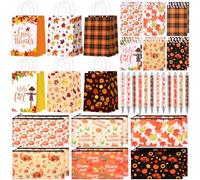 Motiskyy 48 Pcs Fall Party Favors Thanksgiving Fall Paper Gift Bags Pumpkin Maple Leaf Cosmetic Bags Notepads Ballpoint Pens for Thanksgiving Day Harvest Party Gift Supplies Decor