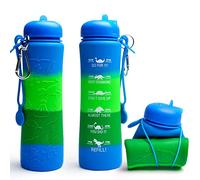 Motivational Kids Water Bottle With Time Markings - Dinosaur Engraved 0.6 Litre Foldable Silicone Design for Children, Girls and Boys - School and Teenage Use