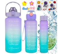 Motivational Sport Water Bottle 3 Pcs Water Bottles with Handle and Straw 2000ML/700ML/ 300ML Time Markings Bpa Free Leak-Proof Gradient Drink Bottles for Girls Boy Fitness Outdoor Cycling(Purple)