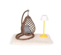 MotiveTech 4 Pieces Miniature Swing Chair Set Cozy Dollhouse Swing with Stand Comfortable Carpet for Tabletop Display, Brown Hanging Chair