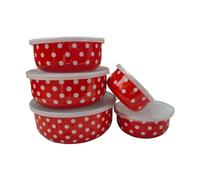MotiveTech 5Pcs Enamel Bowls with Lids, Kitchen Storage Set for Mixing Ingredients, Red