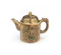 MotiveTech Brass Teapot Ornament Tabletop Display Tea Kettle Decoration Textured Surface, Gem Dragon and Phoenix Teapot