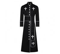 MotiveTech Clergy Costume Robe Long Cosplay Button Front Stand Collar Full Length Cotton Blend Material with Cross Appliques and Piping Trim, Black, S
