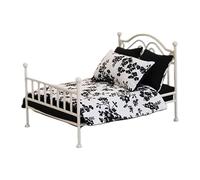 MotiveTech Dollhouse Bed Miniature Doll Bed Iron Model with Cover Handmade for Living Room Bedroom Crafts Dollhouse Furniture, White