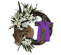 MotiveTech Round Easter Cross Wreath Simulated Floral Garland Decoration Artificial Flowers Front Door Wreath for Festival Summer Party Garden, 40cm Violet