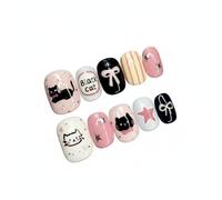MotiveTech Short Press On Nails, Cute Cat, Hand-Painted, XS