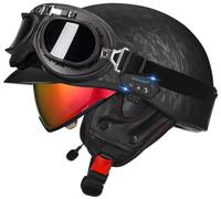 Moto Open Face Helmet, Skull Cap Helmet with Goggles Baseball Cap Helmets with Bluetooth, Moped Helmets Men Women, Retro Motorcycle Half Helmets Approved DOT for Cruiser Scooter 3,M=56-58cm