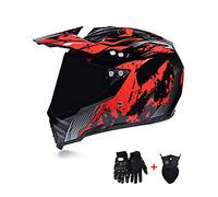 Motocross Cross Helmet, Motorcycle Full-Face Crash Helmet with Sun Visor Protective Lens Mask Gloves, Motorbike Downhill Racing Enduro Sport Dirt Bike ATV MTB Quad Off-Road Helmet, Black Red,XXL
