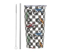 Motocross Dirt Bike Checkered Stainless Steel Insulated Tumbler 20 Oz Water Bottle Coffee Mug with Lid Straw