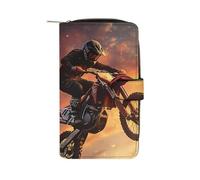 Motocross Dirt Motorcycle Sunset Casual Leather Wallet for Men Women Classic Zipper Pocket Credit Card Coin Purse with ID Window