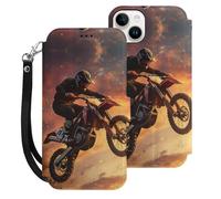 Motocross Dirt Motorcycle Sunset Printed Wallet Phone Case Slim Cute Cellphone Protective Cover Hanging Rope Unisex Compatible with iPhone 15/15 Plus/15 Pro/15 Pro Max