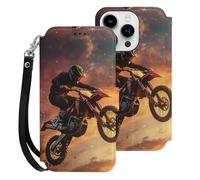 Motocross Dirt Motorcycle Sunset Printed Wallet Phone Case Slim Cute Cellphone Protective Cover Hanging Rope Unisex Compatible with iPhone 15/15 Plus/15 Pro/15 Pro Max