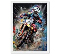 Motocross Race Action Shot Extreme Sport Painting Artwork Framed Wall Art Print A4 Artery8 White One Size