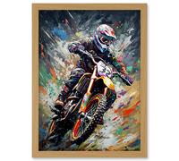 Motocross Race Action Shot Paint Splat Portrait Artwork Framed Wall Art Print A4 Artery8 Light Oak One Size
