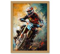 Motocross Race Driver Sport Action Shot Painting Artwork Framed Wall Art Print A4 Artery8 Light Oak One Size