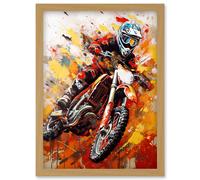 Motocross Race Motorcycle Sport Oil Painting Artwork Framed Wall Art Print A4 Artery8 Light Oak One Size