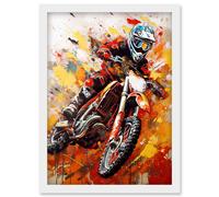 Motocross Race Motorcycle Sport Oil Painting Artwork Framed Wall Art Print A4 Artery8 White One Size