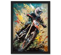 Motocross Race Sport Driver Action Shot Painting Artwork Framed Wall Art Print A4 Artery8 Black One Size