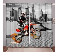 Motocross Rider Curtains Extreme Sports Design Window Drapes Teens Cool Modern Motorcycle Window Treatments For Boys Kids Men Gray City Building Dirt Bike Window Curtain Room Decor W66*L90