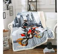 Motocross Rider Fleece Throw Blanket - Extreme Sports Sherpa for Bed, Sofa, Couch - Cool Modern Motorcycle Plush for Men - Gray City Building Dirt Bike Fuzzy Room Decor - Single 50"x60"