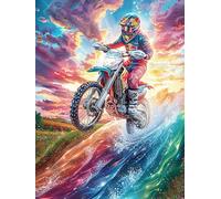 Motocross Rider on A Rainbow Trail 300 Pc Classic Jigsaw Puzzle Science Fiction Magical Dream Puzzle for Adults Hard Challenging Hobby Home Decor Poster High-grade Rigid Cardboard 300