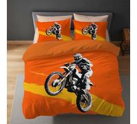 Motocross Single Duvet Cover Set Soft Microfiber Orange Themes Bedding Set 3D Printed Quilt Cover 135 x 200 cm with Zipper Closure and 2 Pillowcases a-86