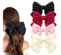 MOTONG 4PCS Hair Bows for Women, White Black Bow Hair Clips Satin French Hair Barrettes Metal Clips, Hair Accessories Hair Bows for Women for Birthday Wedding Party (Black,Off White,Pink,Wine Red)