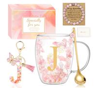 MOTONG Birthday Gifts for Women Glass Coffee Mug, Double Wall Espresso Tea Cups with Letter J Printing, Personalised Gifts for Women Ladies Christmas Valentine's Day Mother's Day with Spoon Bracelet
