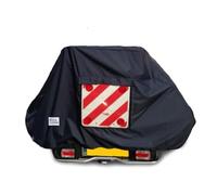 Motor home/Caravan 2 Electric Bike Cover with Webbings for Tow Ball or A - Frame Mounted Style Bike Racks (Navy With Clear Pocket & Hazard Board)