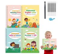 Motor Magic WorkBooks Full Set 4 Book W/10 Replacement Refills+1 Pen+1 Pencil Grip, Your Little Explorer Writing Books,Magic Grooved Writing Practice Books, Reusable Handwriting Practice Book (10pc)