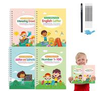 Motor Magic WorkBooks Full Set 4 Book W/10 Replacement Refills+1 Pen+1 Pencil Grip, Your Little Explorer Writing Books,Magic Grooved Writing Practice Books, Reusable Handwriting Practice Book (5pc)