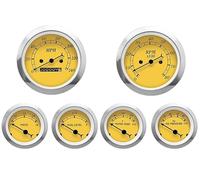 MOTOR METER RACING Classic 6 Gauge Set with Mechanical Speedometer Analog Odometer Yellow Dial Black Needle White LED Illumination 85mm 3-3/8" & 52mm 2-1/16"