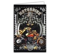 Motorbike Club Legend Bike on the Legend Road Tiger Mechanical Flame Card - Shiny Silver - Open Card - White 23 x 17 cm - With White Envelope 12 x 17.5 cm - Birthday Leaving Retirement Party