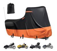 Motorbike Cover Waterproof Outdoor,600D Motorcycle Covers Heavy Duty,Nano Silver Inner,5 Reflective Strips,fit Street Glide,Road Glide,Road King,Moped Covers(Side Box 118"x43.3"x56" Black-Orange)