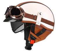 Motorbike Crash Half Helmet ECE/DOT Approved Motorcycle Open Face Helmets With Goggles, Removable Inner Lining, For Men Women Adult Leather Scooter Half Helmet F, L:57-58cm