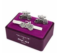 Motorbike Cufflinks and Tie Bar Set for Men - Onyx Art TBC17 Silver-Tone 3D Motorcycle Cuff Links with Matching Tie Clip, Biker Novelty Gift, In Premier Life Packaging