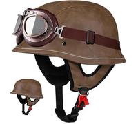 Motorbike Half Helmet Leather with Goggles, ECE 22.06 Approved, Open Face Retro German Skull Cap Helmet for Adult Men Women, Ideal for Cruiser Scooter, Brow 6,M/(54~57cm)