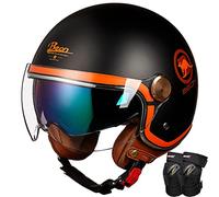 Motorbike Harley Jet Helmet ECE Approved Open Face Crash Chopper Cruiser Half Poilt Bobber Motorcycle Helmet with Dual Visor and Knee Pads for Adult Men Women - Black Orange, (55-61cm)