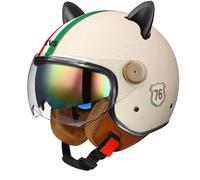 Motorbike Helmet with Cat Ear Safety Comfortable Jet Open Face Helmets Double Mirror Retro Lightweight Suitable for Unisex Electric Scooter Beige L/59-60cm